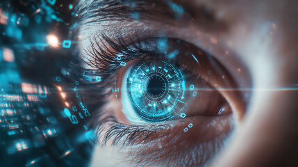 Close-up of the human eye Display virtual hologram technology information Iris scanning to access information