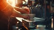 © Generative AI - prepares espresso in his coffee shop closeup : Generative AI