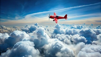Wall Mural - Small red airplane flying amidst fluffy white clouds in the sky, airplane, sky, clouds, red, small, flying, above