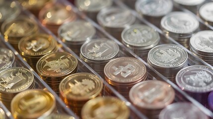 Poster - Planning and strategy rows of coins for finance and business background progress or successful concept businessman showing growing real estate stocks investing in stock market digital  : Generative AI