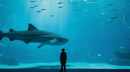 Rear silhouette of a person watching whale shark and looking at the variety of sea fish life in Osaka Aquarium Kaiyukan Whale shark swim in one of the largest aquarium in the world in  : Generative AI