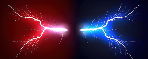 Illustration of two neon red and blue lightning bolts on a black background