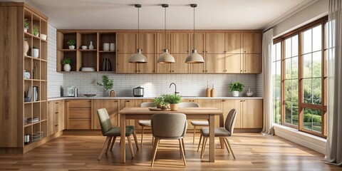Wall Mural - Wooden kitchen interior with dining table, cabinets, window and mockup wall, wooden, home, kitchen, interior, dining table