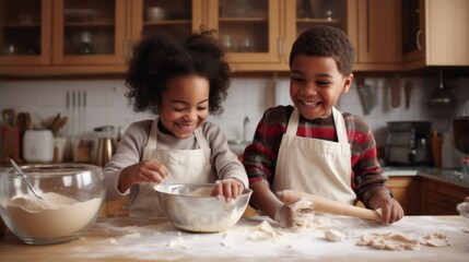 Wall Mural - Two young children giggle as they bake together, surrounded by baking ingredients and utensils