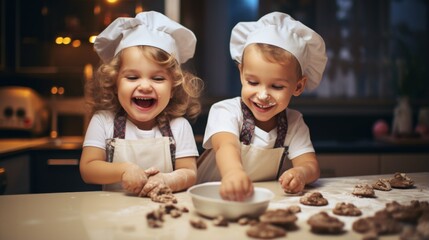 Wall Mural - Smiling twin girls are making cookies on a kitchen counter, wearing aprons and chef hats