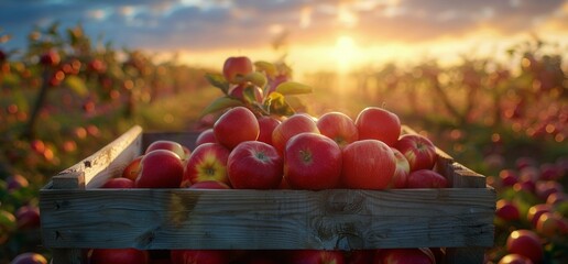 Wall Mural - Freshly Picked Red Apples in a Wooden Crate at Sunset in an Orchard