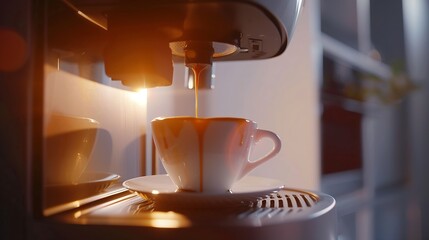 Poster - Coffee machine filling a cup with Making coffee by coffee machine into cup espresso coffee coming out from an automated coffemaker machine Beverage drink for breakfast : Generative AI