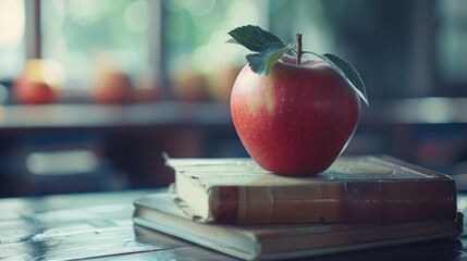 Wall Mural - A Red Apple Resting on a Textbook in a Classroom