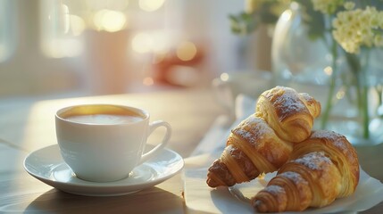 Poster - Breakfast view a bunch of croissant and a cup of coffee with cafe vibe background : Generative AI