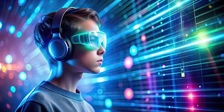 Teenager with a hearing aid immersed in a futuristic neon-colored VR game , teenager, hearing aid