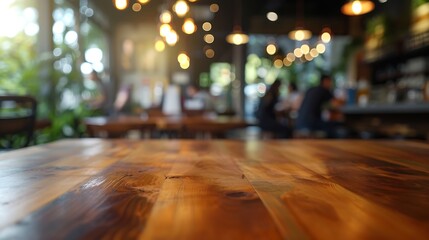 Wall Mural - Wood table top with blur of people in coffee shop or caferestaurant backgroundFor montage product display or design key visual layout : Generative AI