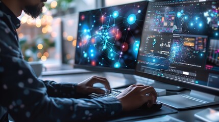 Poster - Data science business intelligence Business man using computer devices with internet global network technology and big data cloud computing AI software development digital technology : Generative AI