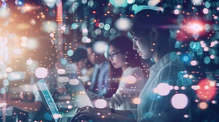 Aufkleber - Image of data processing over diverse business people using laptop global business and digital interface concept digitally generated image : Generative AI