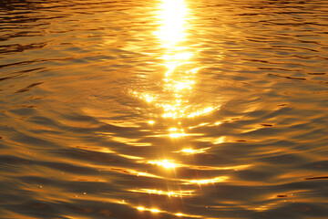 Wall Mural - Ripples on surface of golden water with rising sun glow brightly shining through.



