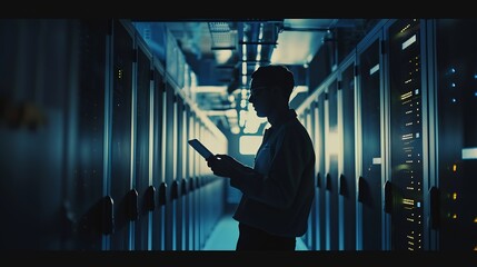 Poster - Man tablet and server room programming or coding for cybersecurity information technology and data protection backup Happy engineering person on digital software and hardware solution  : Generative AI