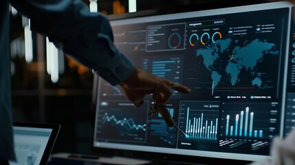 Poster - Businessmen use technology to manage data analysis dashboard report accounting financial and system information strategy growth platform business concept : Generative AI