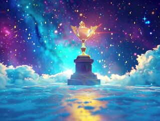Wall Mural - trophy on a display stand in shadow on a sky background with fluffy clouds, stars and the universe,w