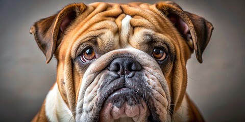 A close-up photo of a wrinkled bulldog face with a cute expression, bulldog, dog breed, wrinkled, adorable, cute, pet