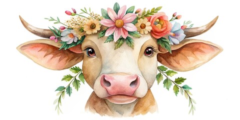 Wall Mural - Watercolor of a cute bull with a wreath of flowers, bull, watercolor,cute, animal, floral, wreath, flowers, colorful, art