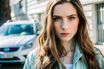 Wall Mural - Serious woman, long hair, blue eyes face camera