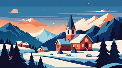 Wall Mural - winter landscape with houses and mountains