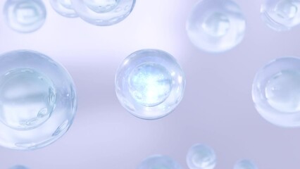Poster - Macro shot of air bubbles in water rising on a light blue background. Super slow motion Beauty glossy Moisturizing bubble blobs design. 3D animation of Cosmetic serum