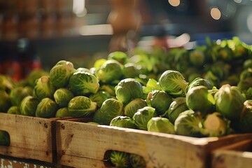 Fresh Brussels sprouts in wooden boxes.