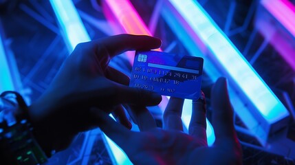 Poster - Cropped hands image in criminal anonymous male approaching credit card of personal information database for codding encryption scam program in privacy system at night at blue neon ligh : Generative AI