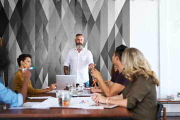 Poster - Designer, people and meeting in office for discussion or vision sharing, campaign ideas and project planning. Team, creative and brainstorming for inspiration or workshop, conversation and diversity.