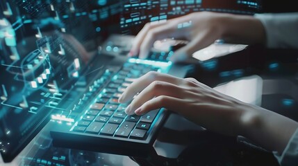 Aufkleber - Hands person and typing on keyboard for research information and data with system technology Woman screen and overlay with coding or software update and programming or upgrade on cyber : Generative AI