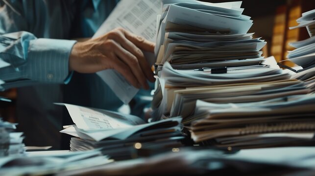 Businessman man working in stacks of papers searching for unfinished paperwork information on form check stack on table and checking financial papers in busy workload : Generative AI