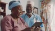 © The Little Hut - Elderly woman man and tablet nurse with patient for health and medical information or help with social media Support African caregiver for elderly care and tech telehealth and how to w : Generative AI