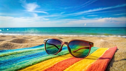 Wall Mural - Sunglasses on beach towel with sand and sea in vibrant light colors, sunglasses, beach towel, sand, sea, summer, mood