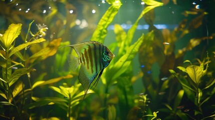 Canvas Print - A green beautiful planted tropical freshwater aquarium with fisheszebra angelfish pterophyllum scalare aquarium : Generative AI