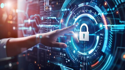 Fototapete - technology login information security privacy business protection protect padlock password touching padlock hud to view cloud technology system that tech is protect your data and secur : Generative AI