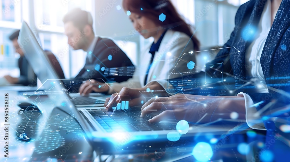 Image of data processing over diverse business people using laptop ...