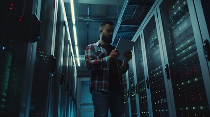 Poster - Man tablet and server room programming or coding for cybersecurity information technology and data protection backup Happy engineering person on digital software and hardware solution  : Generative AI