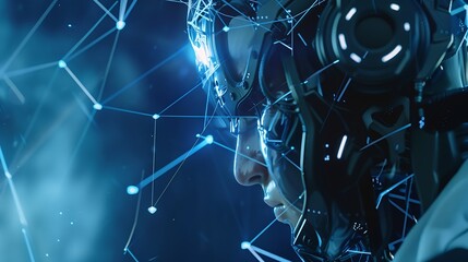 Fototapete - Man using tools AI technology smart robot science and artificial intelligence technology and innovation futuristic and global connection for providing access to information and data on : Generative AI