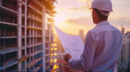 Aufkleber - A man wearing a hard hat is looking at a blueprint of a building