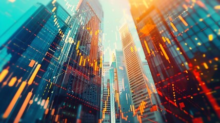 Fototapete - Forex trade market and development concept with growing digital candlestick and indicators on sunny skyscrapers background Double exposure : Generative AI