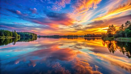 Wall Mural - Tranquil sunset over a calm lake with vibrant colors reflected in the water, sunset, lake, water, reflection, dusk, calm