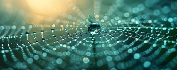 Close-up photo of water droplets on a spider web at sunrise