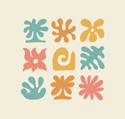 Wall Mural - set of groovy organic botanical shape in retro modern style. abstract minimal flower and palm. squar