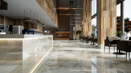 Wall Mural - Light wooden and marble tile floor interior of modern cafe with double ceiling height Lobby bar in luxury design hotel hall with second split level : Generative AI