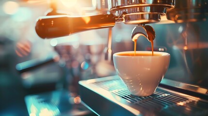 Poster - Coffee machine filling a cup with Making coffee by coffee machine into cup espresso coffee coming out from an automated coffemaker machine Beverage drink for breakfast : Generative AI