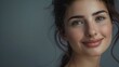 © Generative AI - Perfect cosmetology skin care Portrait of tender young woman with perfect face smiling at camera posing isolated over grey studio background Woman health care routine Concept of beauty : Generative AI