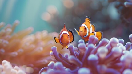 Wall Mural - Two vibrant clownfish navigate through the tranquil waters of their aquarium home showcasing the beauty of marine life : Generative AI