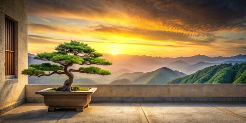 Wall Mural - Japanese-style stucco wall with bonsai tree overlooking serene mountains during sunset, Japan, stucco, wall, bonsai