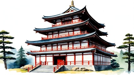 Wall Mural - japanese temple watercolor painting front facade exterior on plain white background art