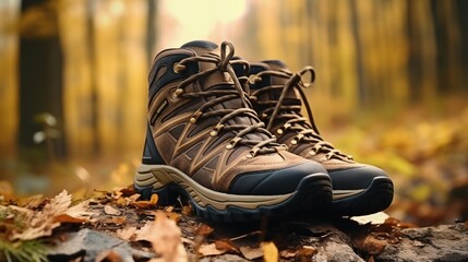 close-up of walking boots on a nature trail. active lifestyle concept.